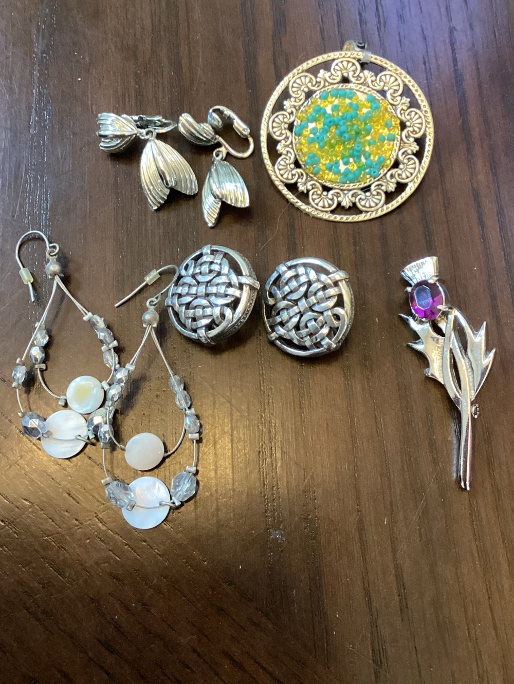 Vintage Gold-Tone Round Pendant with Turquoise and Yellow Inlay